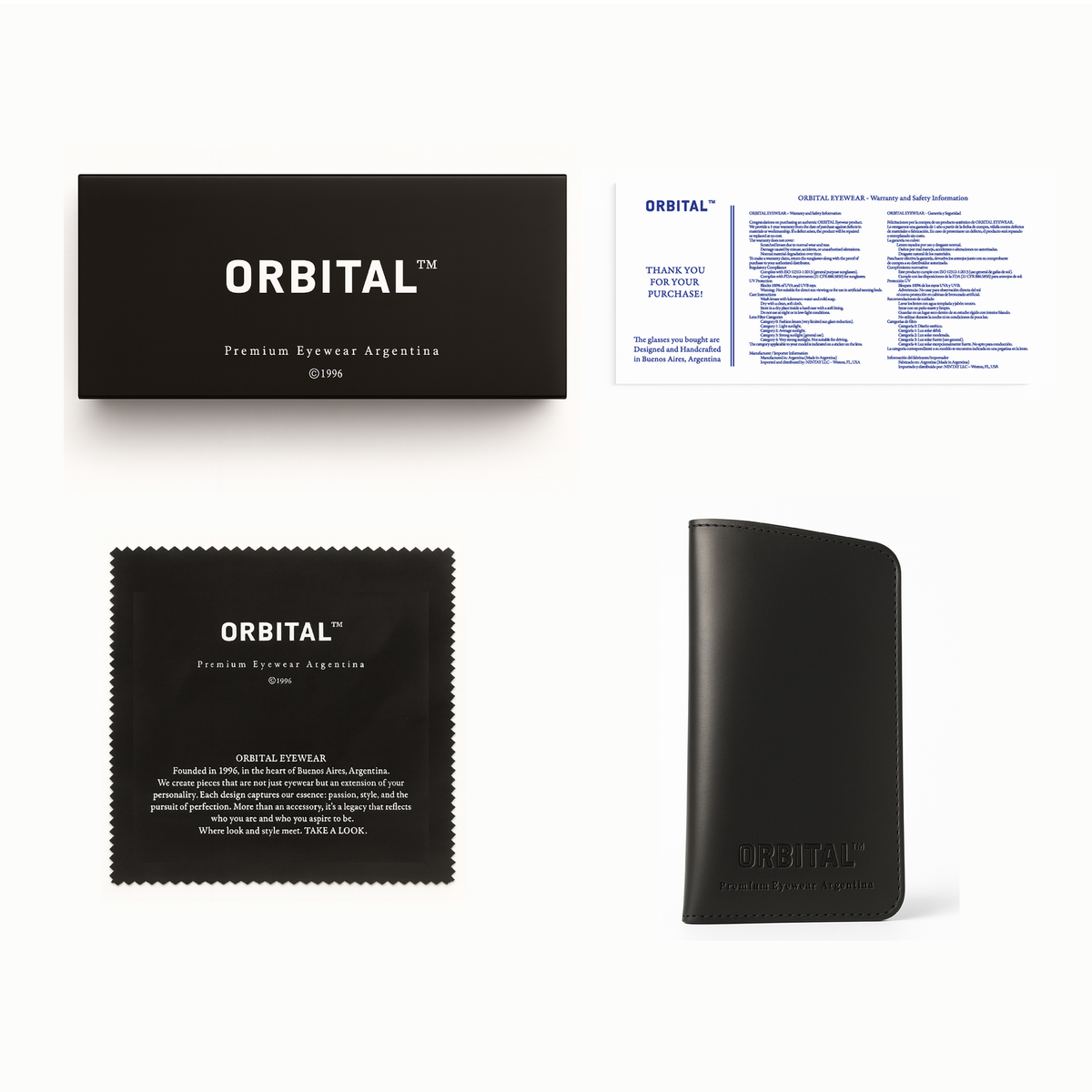Packaging ORBITAL - estuche negro, caja y paño